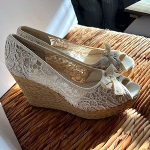 Kelly & Katie beige lace pattern Espadrille high heel wedge (FREE SHIPPING)